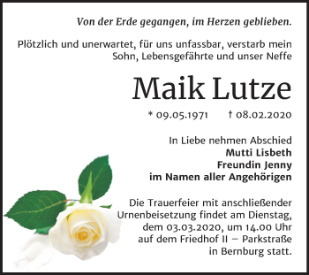 Traueranzeige von Maik Lutze von Super Sonntag Bernburg