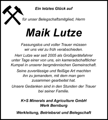 Traueranzeige von Maik Lutze von Mitteldeutsche Zeitung 