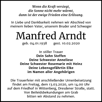Traueranzeige von Manfred Arndt von Super Sonntag Wittenberg