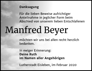 Traueranzeige von Manfred Beyer von Mitteldeutsche Zeitung Mansfelder Land