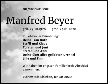 Traueranzeige von Manfred Beyer von Mitteldeutsche Zeitung Mansfelder Land