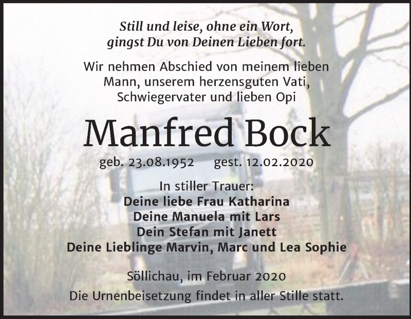  Traueranzeige für Manfred Bock vom 22.02.2020 aus Super Sonntag Wittenberg