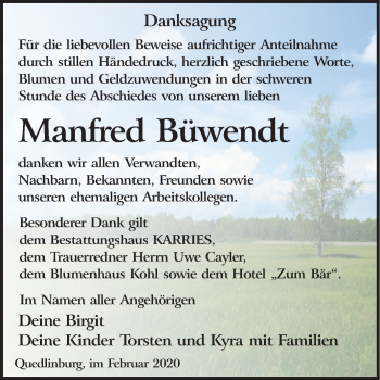 Traueranzeige von Manfred Büwendt von Super Sonntag Quedlinburg