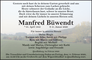 Traueranzeige von Manfred Büwendt von Mitteldeutsche Zeitung Quedlinburg