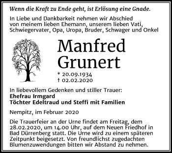 Traueranzeige von Manfred Grunert von Mitteldeutsche Zeitung Merseburg/Querfurt