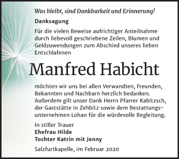 Traueranzeige von Manfred Habicht von Wochenspiegel Bitterfeld