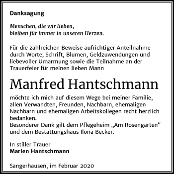 Traueranzeige von Manfred Hantschmann von Super Sonntag Sangerhausen
