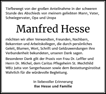 Traueranzeige von Manfred Hesse von Super Sonntag Mansfelder Land
