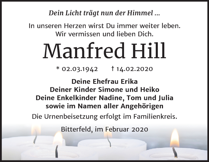  Traueranzeige für Manfred Hill vom 26.02.2020 aus Wochenspiegel Bitterfeld