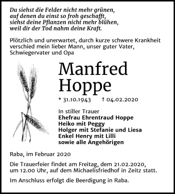 Traueranzeige von Manfred Hoppe von Mitteldeutsche Zeitung Zeitz