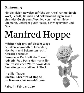 Traueranzeige von Manfred Hoppe von Mitteldeutsche Zeitung Zeitz