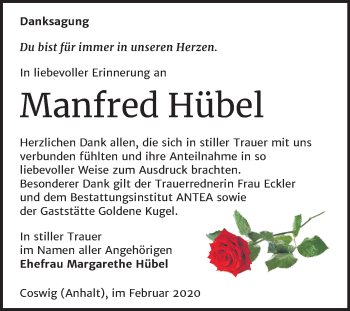 Traueranzeige von Manfred Hübel von Super Sonntag Wittenberg