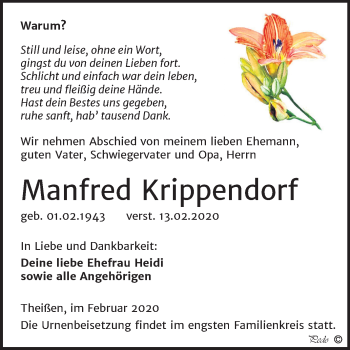 Traueranzeige von Manfred Krippendorf von Super Sonntag Zeitz