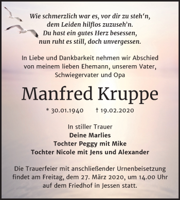 Traueranzeige von Manfred Kruppe von Mitteldeutsche Zeitung Wittenberg