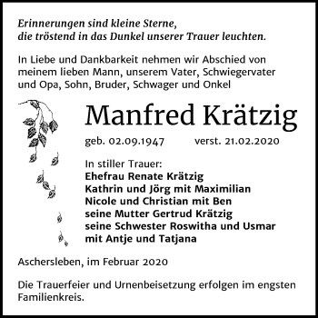 Traueranzeige von Manfred Krätzig von Super Sonntag Aschersleben