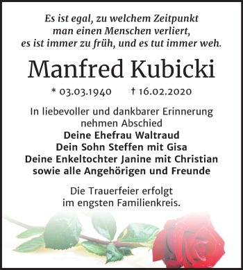 Traueranzeige von Manfred Kubicki von Mitteldeutsche Zeitung Mansfelder Land