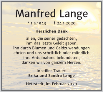 Traueranzeige von Manfred Lange von Mitteldeutsche Zeitung Mansfelder Land