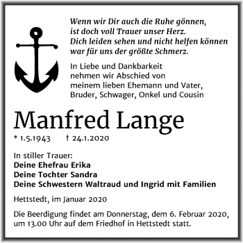 Traueranzeige von Manfred Lange von Wochenspiegel Mansfelder Land