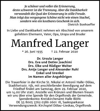 Traueranzeige von Manfred Langer von Mitteldeutsche Zeitung Halle/Saalkreis