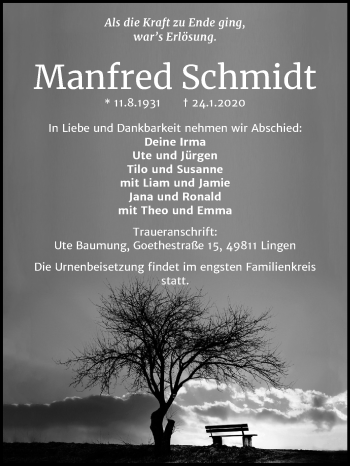 Traueranzeige von Manfred Schmidt von Super Sonntag Dessau-Roßlau