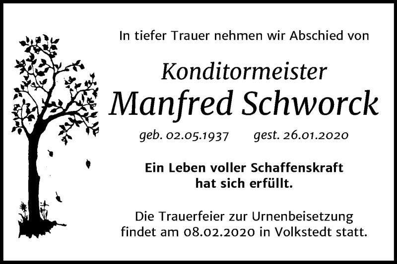 Traueranzeige für Manfred Schworck vom 01.02.2020 aus Mitteldeutsche Zeitung Mansfelder Land
