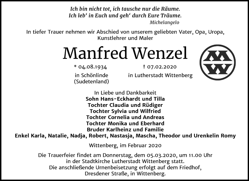  Traueranzeige für Manfred Wenzel vom 15.02.2020 aus Super Sonntag Wittenberg