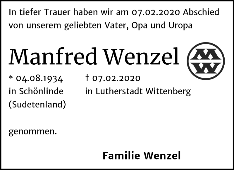  Traueranzeige für Manfred Wenzel vom 11.02.2020 aus Mitteldeutsche Zeitung Wittenberg