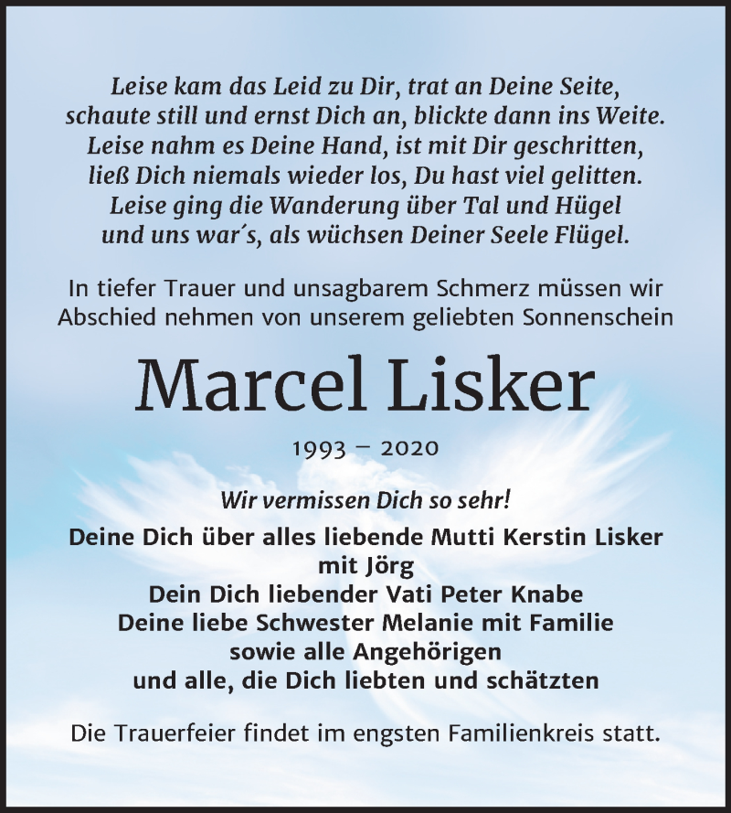  Traueranzeige für Marcel Lisker vom 19.02.2020 aus Wochenspiegel Merseburg/Querfurt / Weißenfels