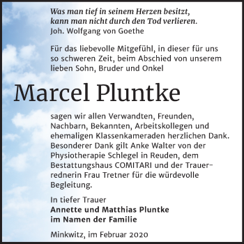 Traueranzeige von Marcel Pluntke von Mitteldeutsche Zeitung Zeitz