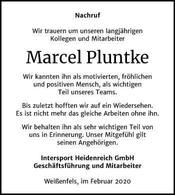 Traueranzeige von Marcel Pluntke von Mitteldeutsche Zeitung Weißenfels / Zeitz