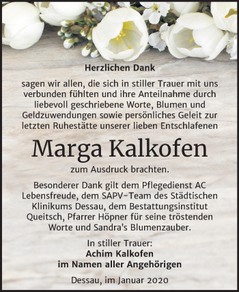 Traueranzeige von Marga Kalkofen von Super Sonntag Dessau-Roßlau / Köthen