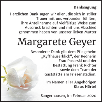 Traueranzeige von Margarete Geyer von Super Sonntag Sangerhausen