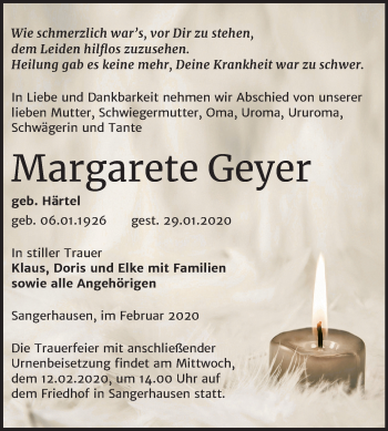 Traueranzeige von Margarete Geyer von Mitteldeutsche Zeitung Sangerhausen