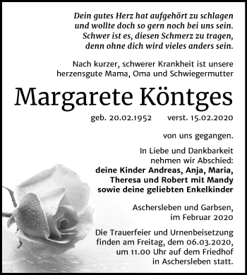 Traueranzeige von Margarete Köntges von Super Sonntag Aschersleben