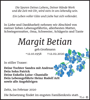 Traueranzeige von Margit Betian von Super Sonntag Zeitz