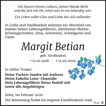 Traueranzeige von Margit Betian von Mitteldeutsche Zeitung Zeitz