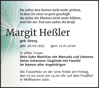 Traueranzeige von Margit Heßler von Super Sonntag Sangerhausen