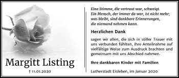 Traueranzeige von Margitt Listing von Mitteldeutsche Zeitung Mansfelder Land