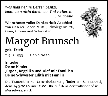 Traueranzeige von Margot Brunsch von Super Sonntag Merseburg/Querfurt