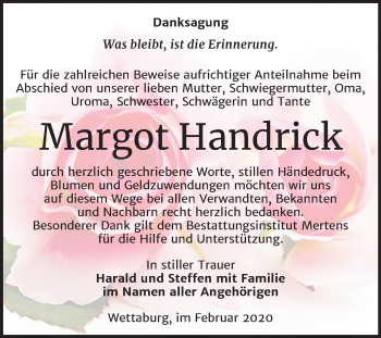 Traueranzeige von Margot Handrick von Wochenspiegel Naumburg/Nebra