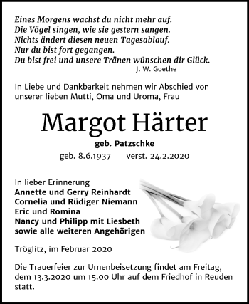 Traueranzeige von Margot Härter von Super Sonntag Zeitz