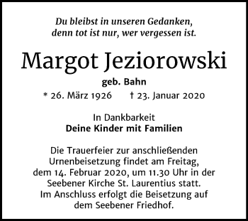 Traueranzeige von Margot Jeziorowski von Mitteldeutsche Zeitung Halle/Saalkreis