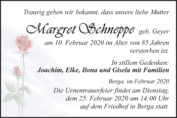 Traueranzeige von Margret Schneppe von Super Sonntag Sangerhausen