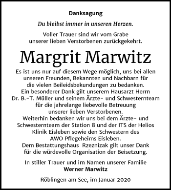 Traueranzeige von Margrit Marwitz von Mitteldeutsche Zeitung Mansfelder Land
