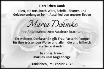 Traueranzeige von Maria Dehmke von Mitteldeutsche Zeitung Merseburg/Querfurt