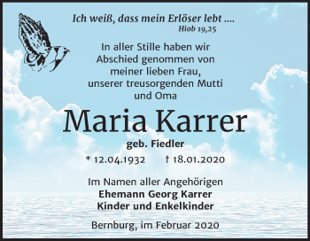 Traueranzeige von Maria Karrer von Super Sonntag Bernburg