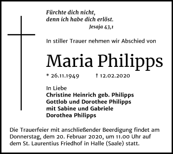 Traueranzeige von Maria Philipps von Mitteldeutsche Zeitung Halle/Saalkreis