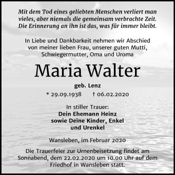 Traueranzeige von Maria Walter von Mitteldeutsche Zeitung Mansfelder Land