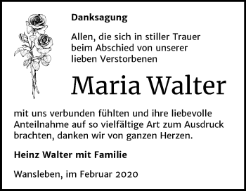 Traueranzeige von Maria Walter von Mitteldeutsche Zeitung Mansfelder Land
