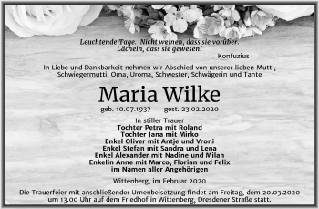 Traueranzeige von Maria Wilke von Super Sonntag Wittenberg